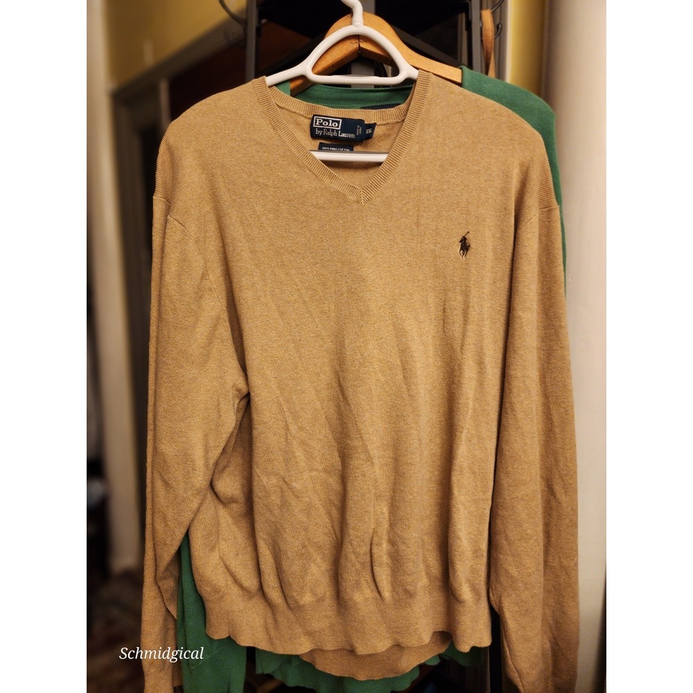 Polo Ralph Lauren Caramel Brown Pima Cotton V-Neck Pullover Sweater L Pony XXL